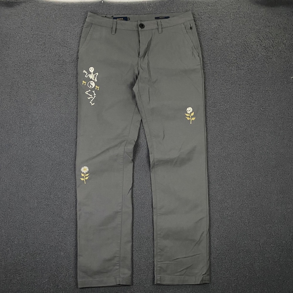 Roark Pants Mens 33x32 Gray Porter 3.0 Chino Straight Skull Skeleton Embroidered